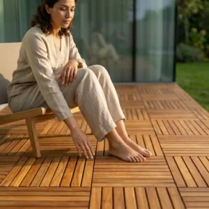 Bahçede masif teak ahşap deck yer karosuyla zemin kaplaması yapılmış varenda üzerinde oturmuş ve ahşaba dokunan kadın.