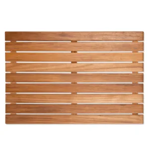38x60 cm ölçülerindeki teak ahşap banyo paspası, kaydırmaz duş ızgarasının üstten görünümü