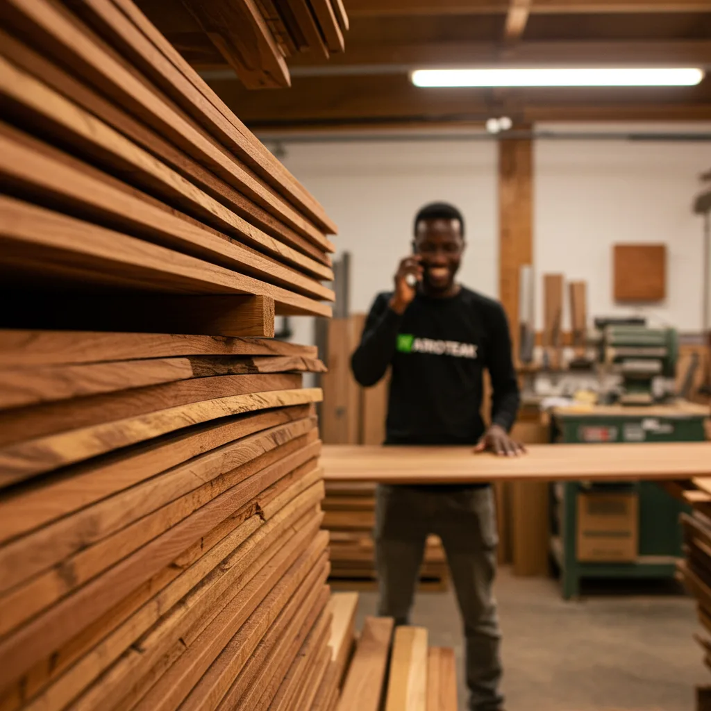 AfroTeak atölyesinde, bir yığın kaliteli teak kerestenin yanında, bir teak projesi için ulaşın diye bekleyen güler yüzlü ekip üyemiz.