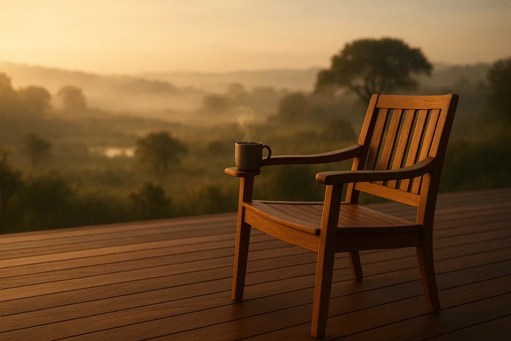 AfroTeak hikayesini temsilen afrika ormanlarına manzaralı Teak Deck döşenmiş varendada boş bir Teak koltuğu resmediyor.