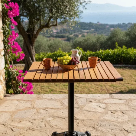 Teak Zarafeti: Ahşap Balkon Bahçe Masası 70x70 cm - Döküm Ayaklı