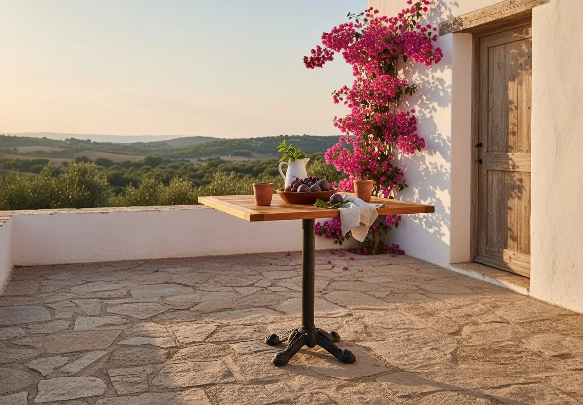 80x80 cm ölçüsündeki Döküm Ayaklı Teak Ahsap Bahçe Masasının Bahçe Terasında servis sırasındaki fotoğrafı.