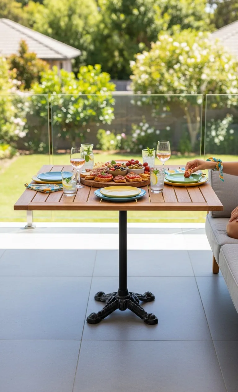 80x80 cm ölçüsündeki döküm ayaklı Teak Ahşap Balkon Masasının servis sırasındaki fotoğrafı.