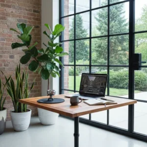 80x80 cm Döküm Ayaklı Teak Ahşap Ofis Masasının çalışma zamanındaki fotoğrafı.