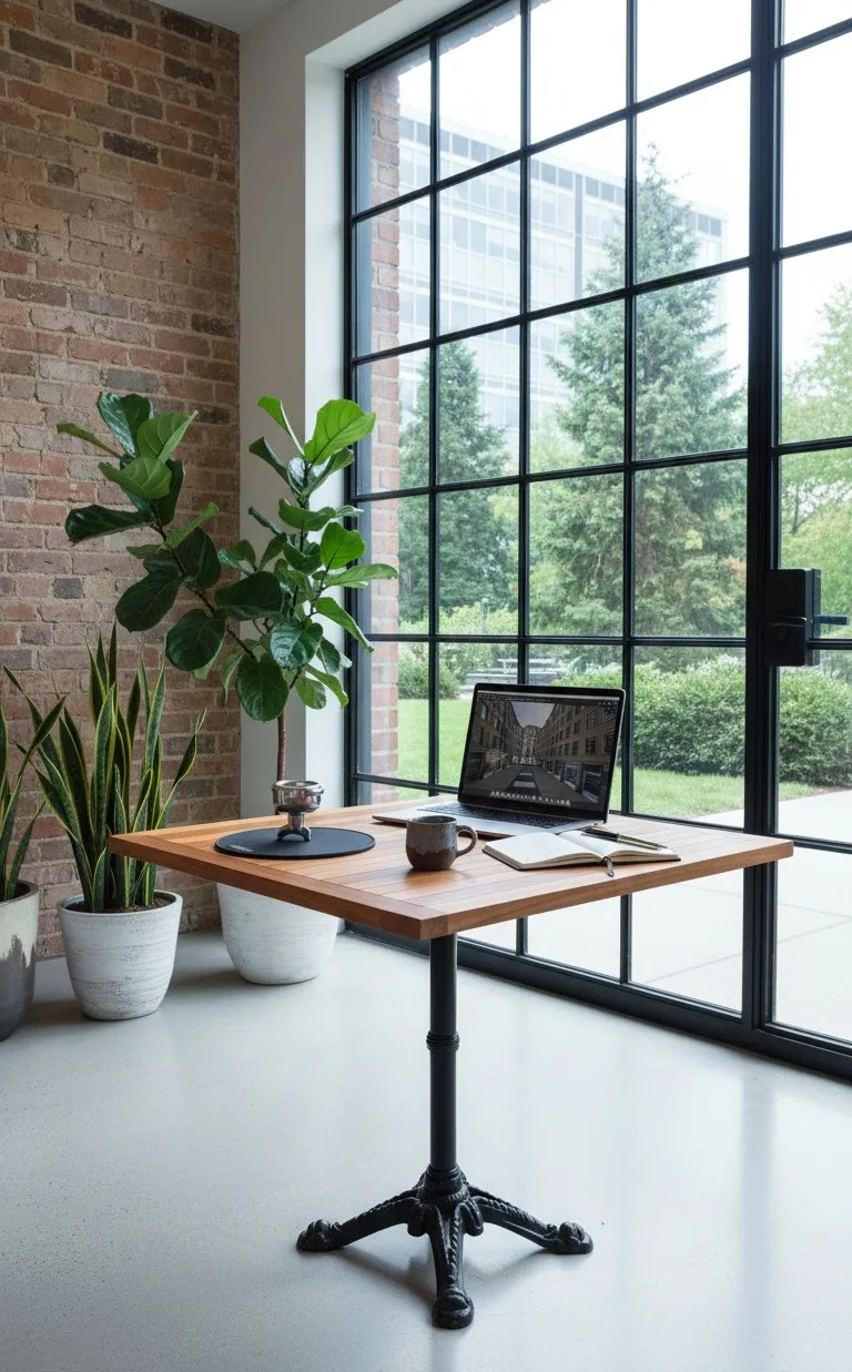 80x80 cm Döküm Ayaklı Teak Ahşap Ofis Masasının çalışma zamanındaki fotoğrafı.