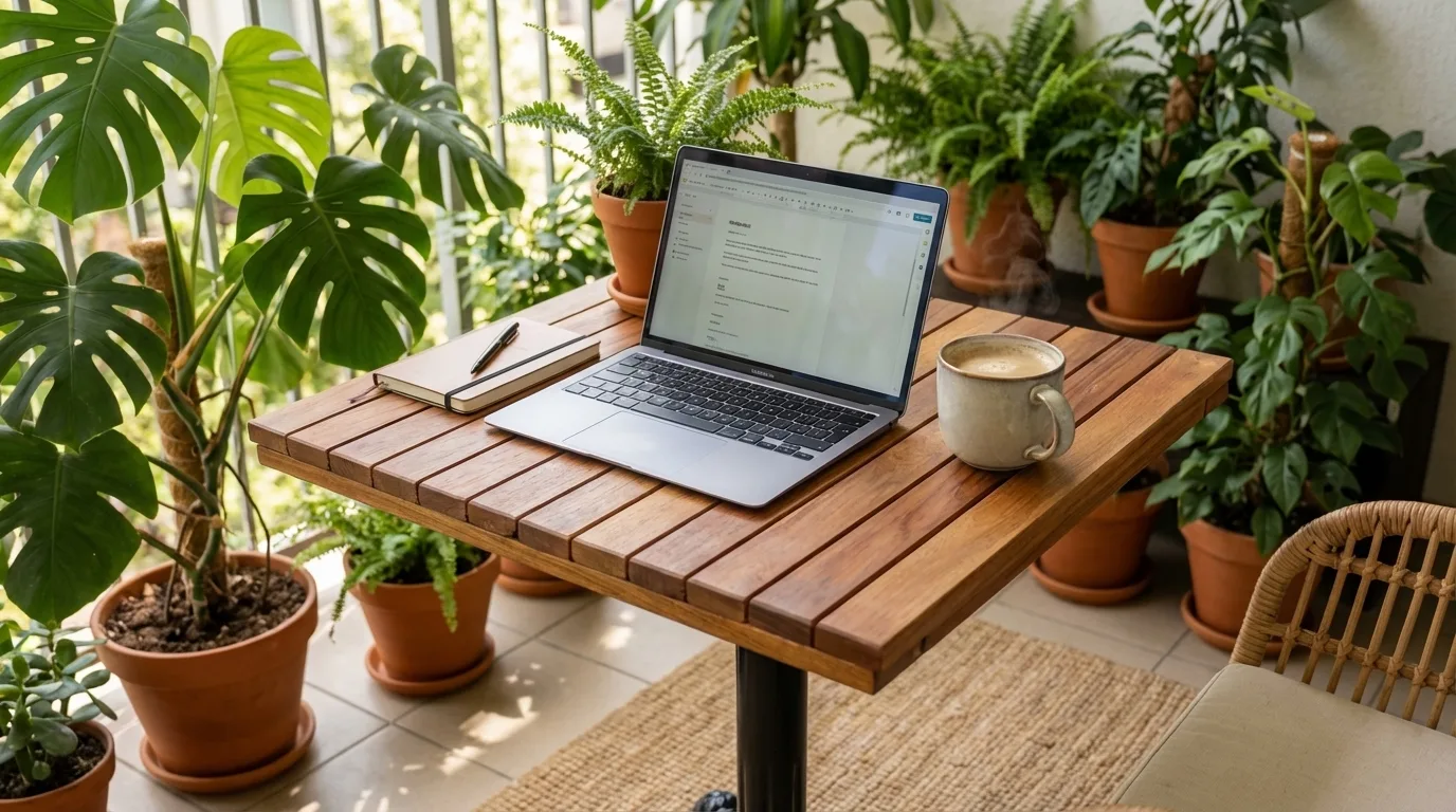 KUTANA serisi döküm ayaklı masif teak ahşap balkon masası; bitkilerle dekore edilmiş balkonda laptop ve kahve ile 50x50 cm ahşap çalışma alanı.