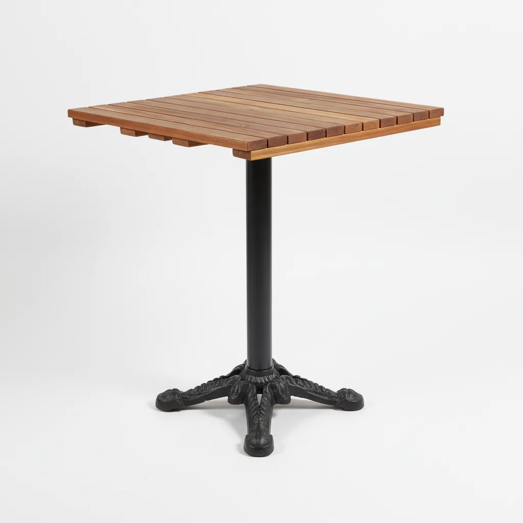 Masif Teak ağacından yapılmış ızgaralı modelli 50x50 cm üst tablanın siyah demir profil ile döküm ayağa bağlı olduğu ahşap masanın yandan çekilmiş fotoğrafı.