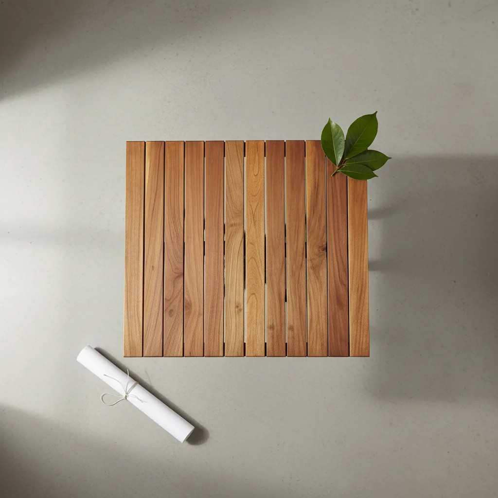 Masif teak ağacından yapılmış 50x50 cm ahşap masanın tablasının üstten görünümü.