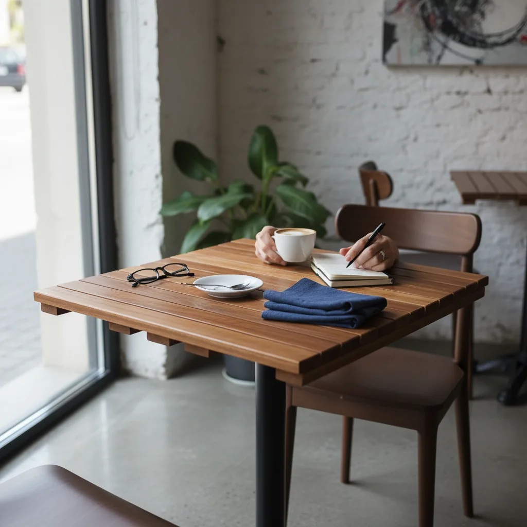 KUTANA serisi 50x50cm döküm ayaklı masif teak ahşap kafe masası; ızgaralı tabla tasarımıyla iç mekan butik kafe dekorasyonu.