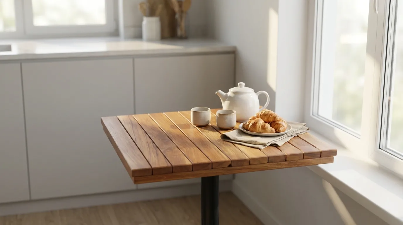 Küçük mutfaklar için modern 50x50cm Teak ağacından ahşap mutfak masası. Döküm ayaklı kompakt tasarım.