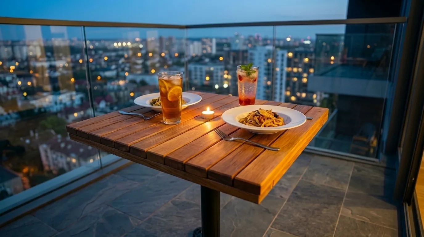 Gece manzaralı balkonda döküm ayaklı küçük Teak ahşap balkon masası; 50x50cm KUTANA serisi suya dayanıklı ahşap.