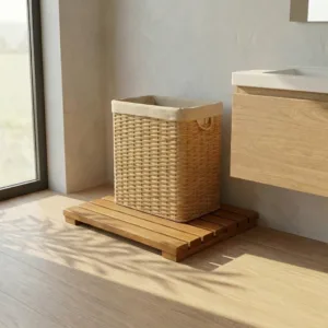 Dikdörtgen 30x50 cm masif Teak kirli çamaşır sepeti altlığı; banyo hijyen platformu.