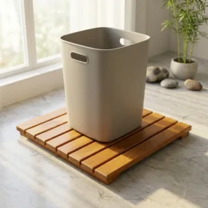 4 cm yüksekliğinde kaydırmaz silikon pabuçlu 40x40 masif Teak kirli sepeti altlığı.