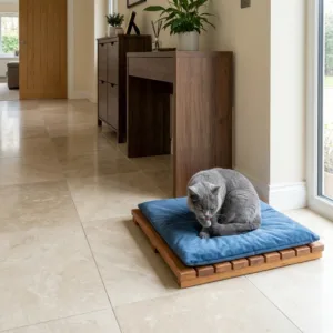 45x45 cm masif Teak kedi yatağı bazası; modern antrede mavi minderli hijyenik kedi yatak altlığı ve gri kedi.