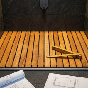 Banyonuzun ve duşunuzun ölçüsüne özel milimetrik üretilen masif Teak ahşap duş ızgarası ve banyo paspası